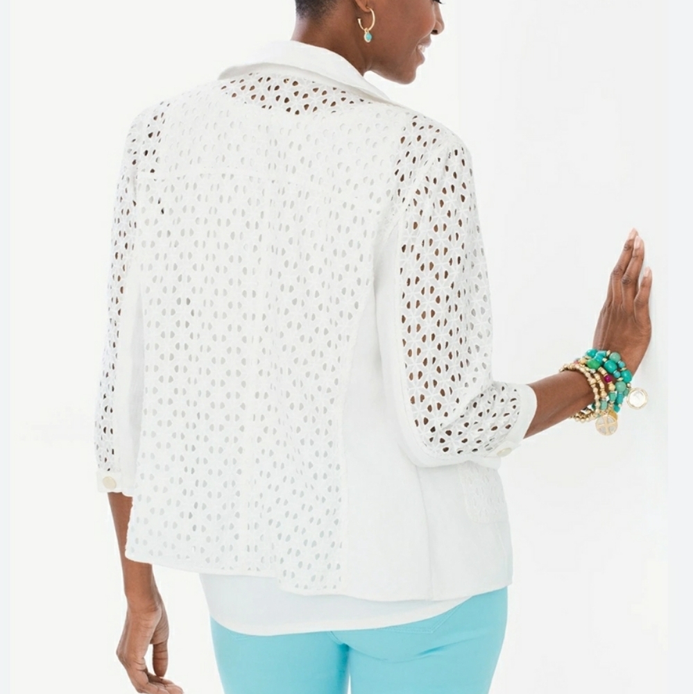 Chico's alabaster Linen Eyelet 3/4 Sleeve Jacket L - Picture 2 of 13